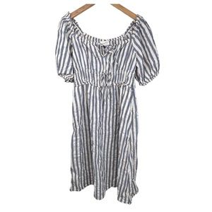 Universal Thread Blue and Cream Striped Puff Sleeve Midi Dress A-Line Women's L